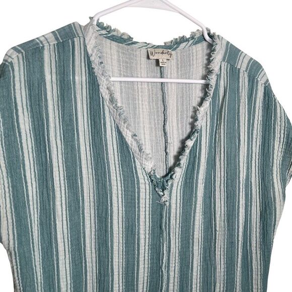 Wonderly Blouse Women's Large Gauze Striped V-Neck Short Sleeve Fringe Boho Top - Picture 2 of 9
